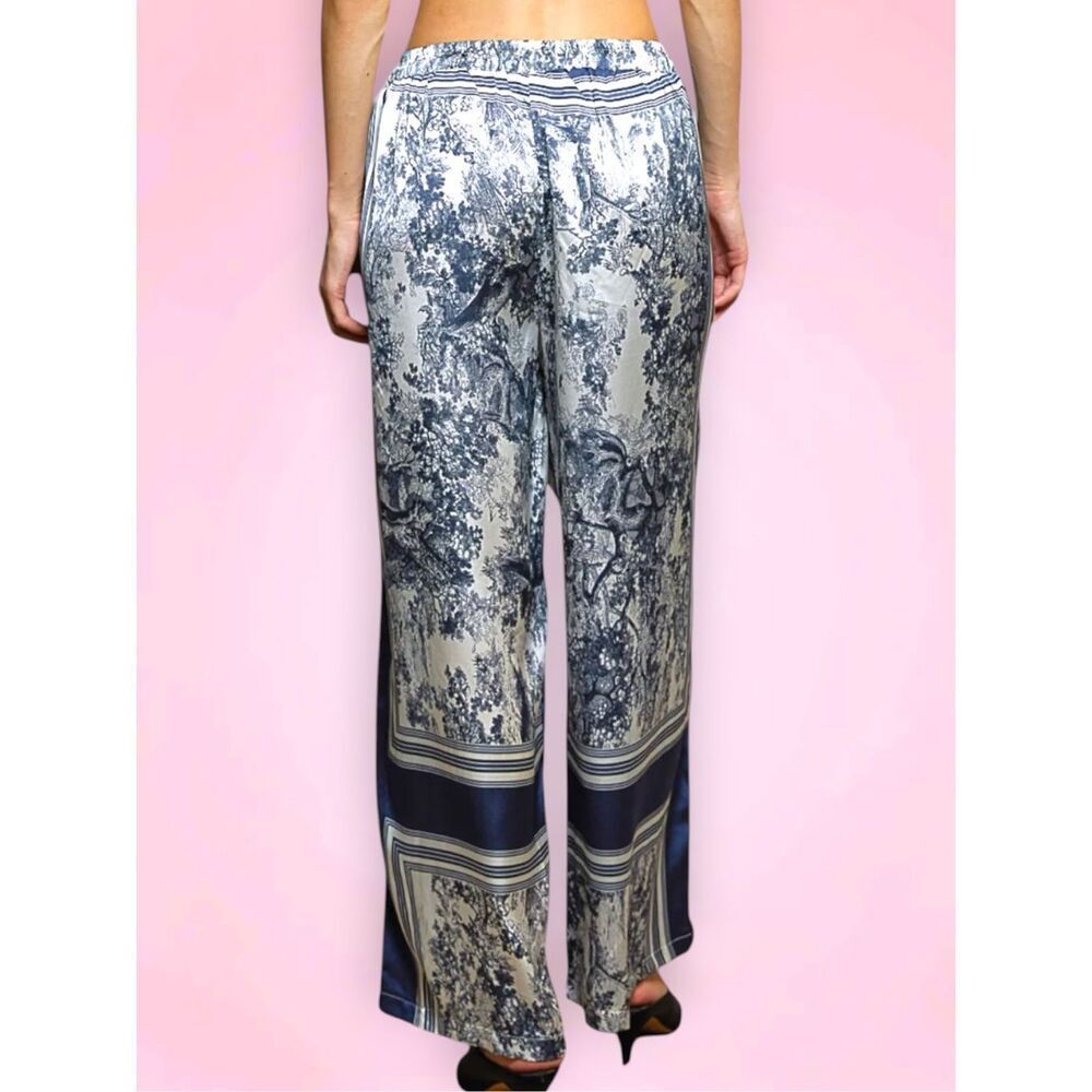 POL Wide Leg Toile Print Pants Navy Ivory Boho Drawstring Palazzo Pants Large - Picture 4 of 9